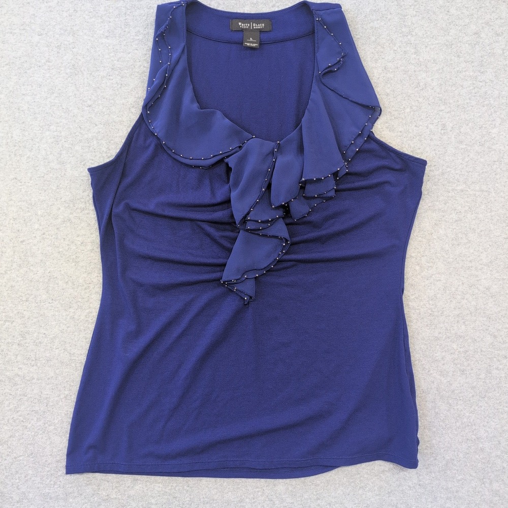 White House Black Market Blue Sleeveless Ruffle Tank Top Size L Women's - Picture 1 of 4